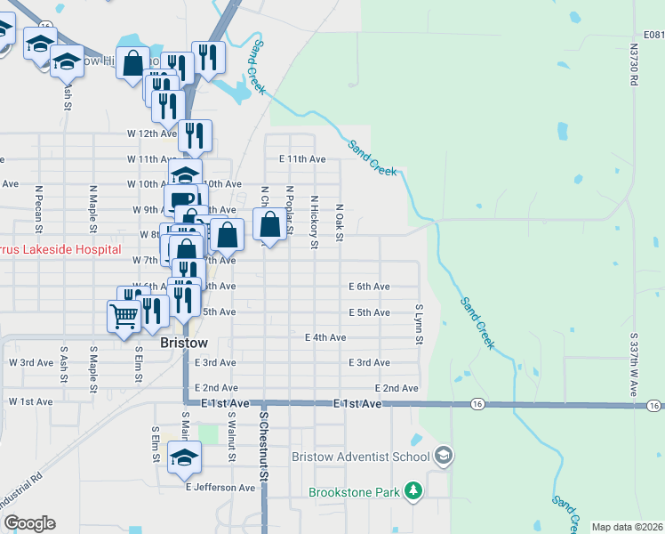 map of restaurants, bars, coffee shops, grocery stores, and more near 516 E 7th Ave in Bristow