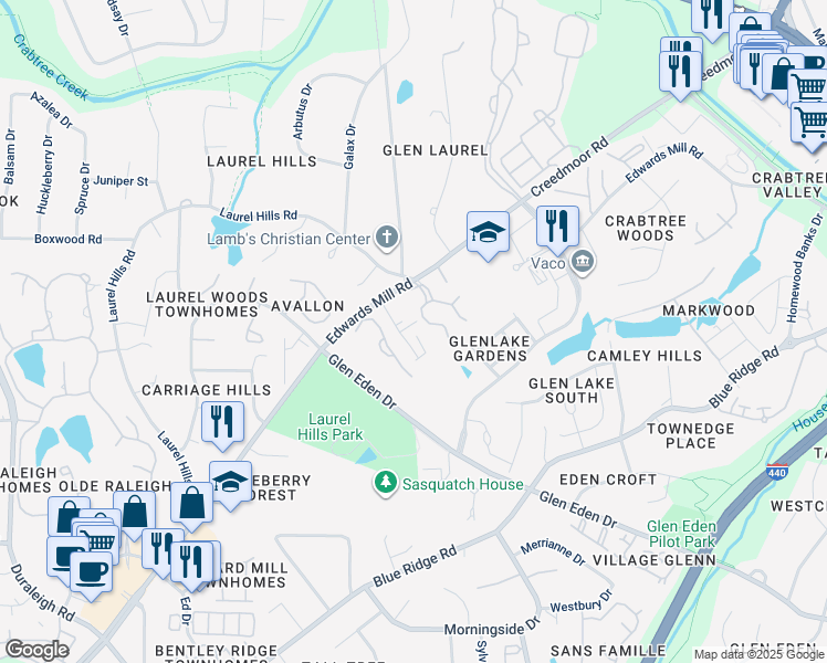 map of restaurants, bars, coffee shops, grocery stores, and more near 4024 Edwards Mill Road in Raleigh