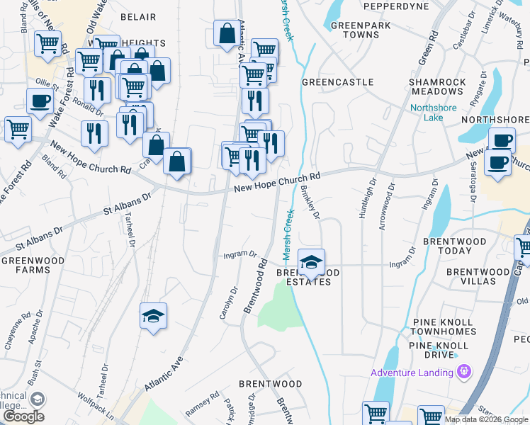 map of restaurants, bars, coffee shops, grocery stores, and more near 3217 Broyhill Circle in Raleigh