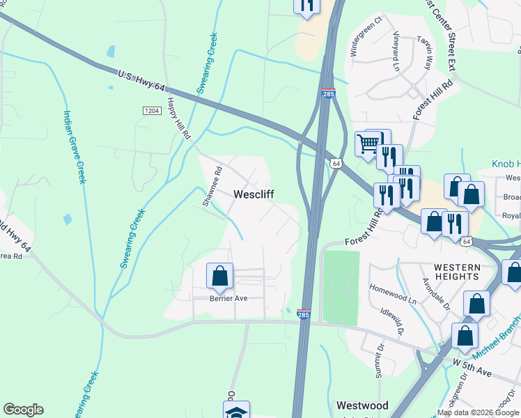 map of restaurants, bars, coffee shops, grocery stores, and more near 136 Chickasaw Road in Lexington