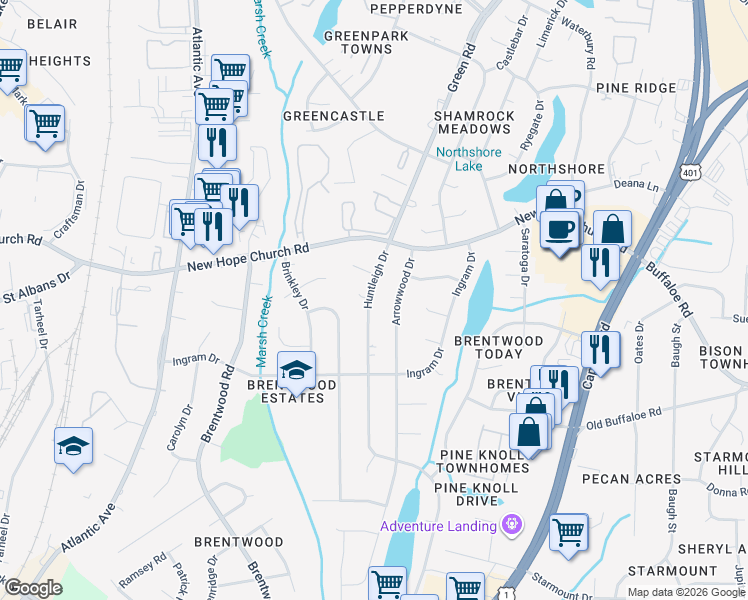 map of restaurants, bars, coffee shops, grocery stores, and more near 3716 Huntleigh Drive in Raleigh