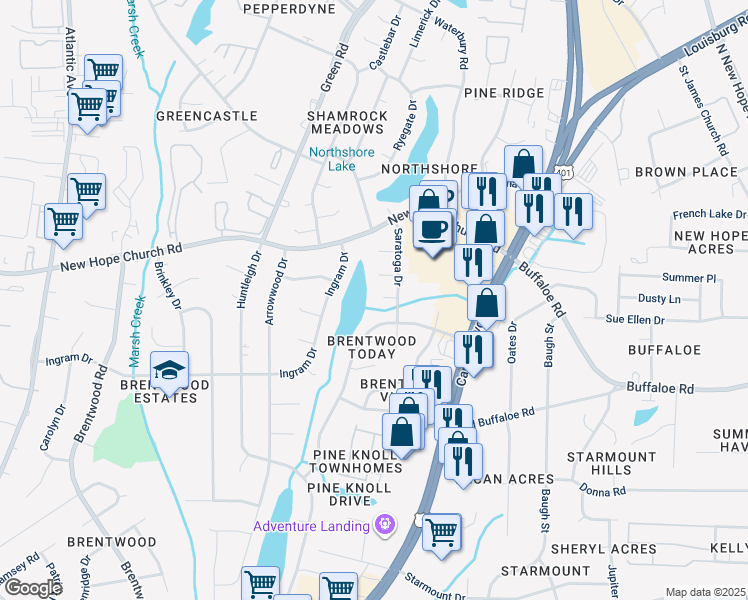 map of restaurants, bars, coffee shops, grocery stores, and more near 3900 Old Creek Court in Raleigh