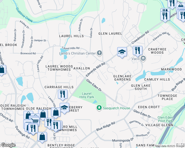 map of restaurants, bars, coffee shops, grocery stores, and more near 3500 Mill Tree Road in Raleigh