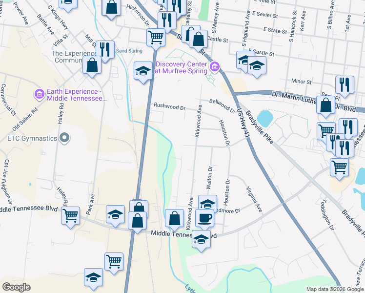 map of restaurants, bars, coffee shops, grocery stores, and more near 1002 Kirkwood Avenue in Murfreesboro