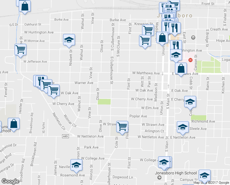 map of restaurants, bars, coffee shops, grocery stores, and more near 639 West Oak Avenue in Jonesboro