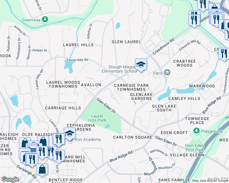 map of restaurants, bars, coffee shops, grocery stores, and more near 3913 Milltown Ridge Run in Raleigh