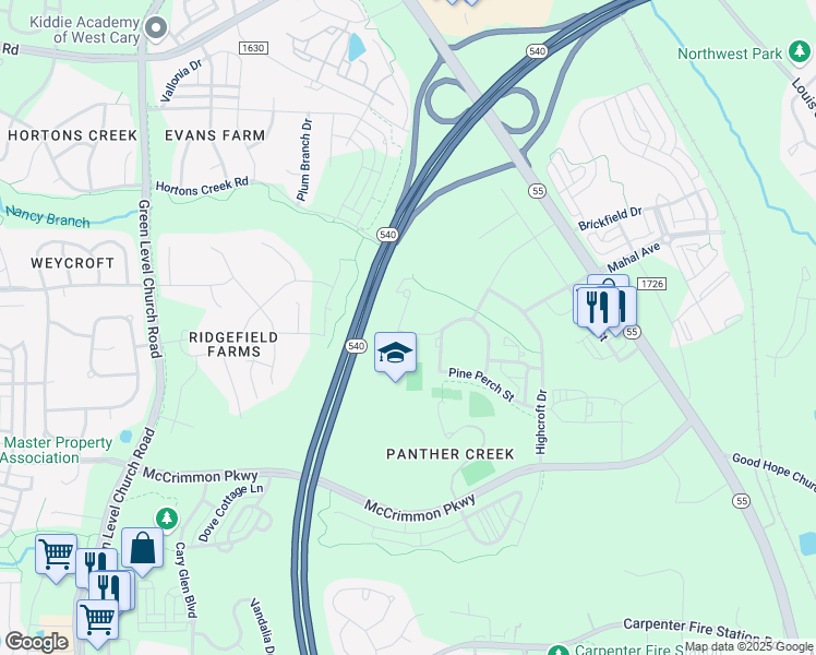 map of restaurants, bars, coffee shops, grocery stores, and more near 5528 Alston Manor Street in Cary