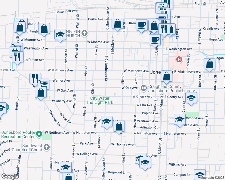 map of restaurants, bars, coffee shops, grocery stores, and more near 629 West Oak Avenue in Jonesboro