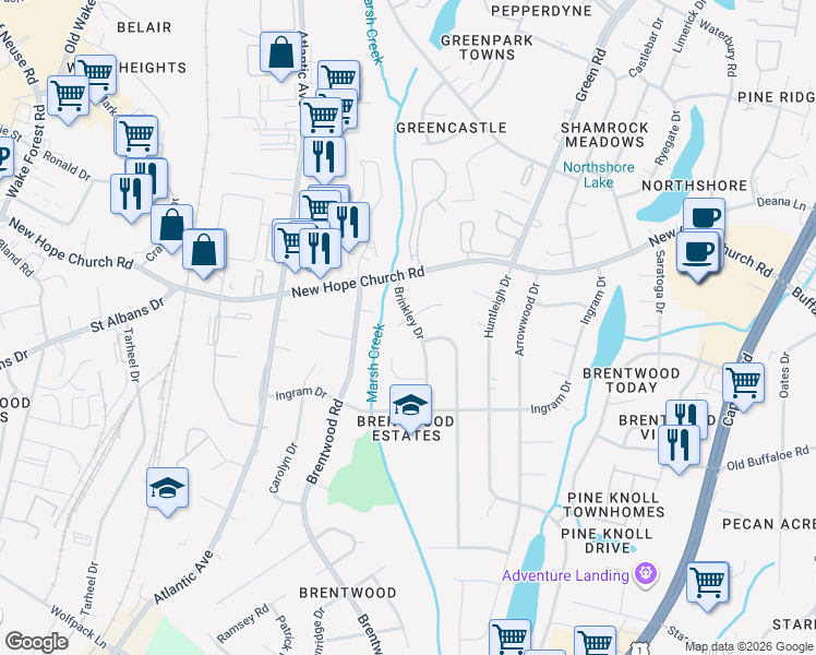 map of restaurants, bars, coffee shops, grocery stores, and more near 3705 Brinkley Drive in Raleigh