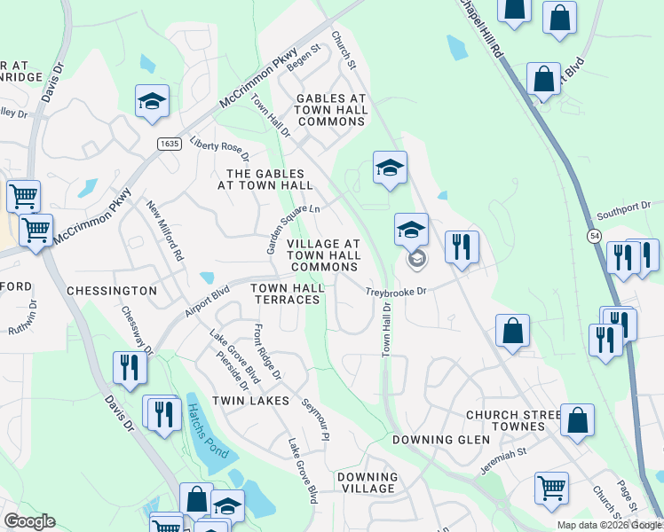 map of restaurants, bars, coffee shops, grocery stores, and more near 105 State House Drive in Morrisville