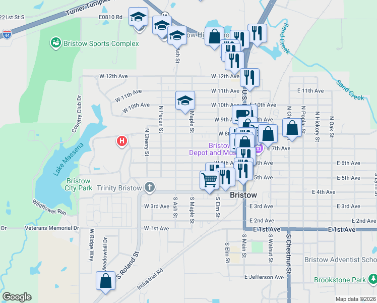 map of restaurants, bars, coffee shops, grocery stores, and more near 308 West 7th Avenue in Bristow