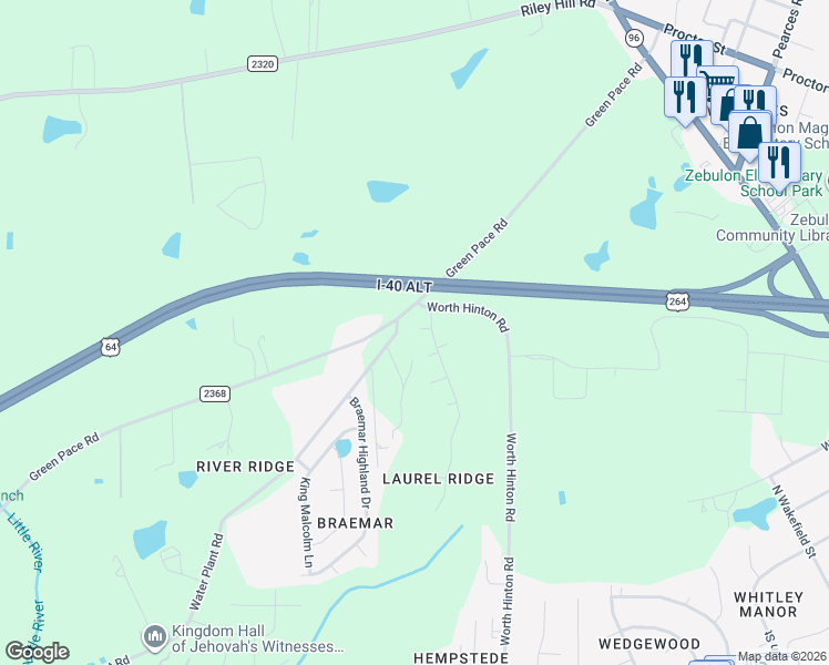 map of restaurants, bars, coffee shops, grocery stores, and more near 1205 Sumac Circle in Zebulon