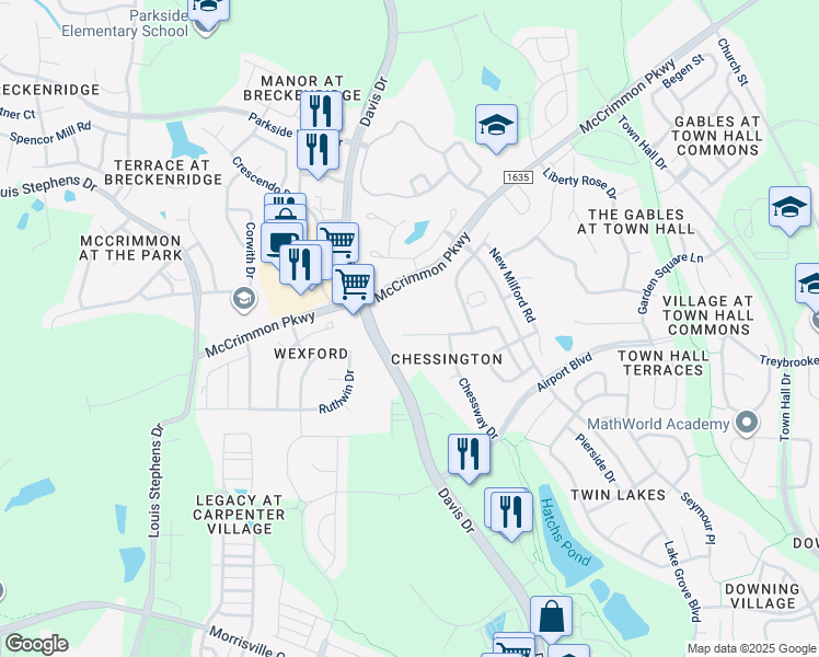 map of restaurants, bars, coffee shops, grocery stores, and more near 3224 Rapid Falls Road in Morrisville