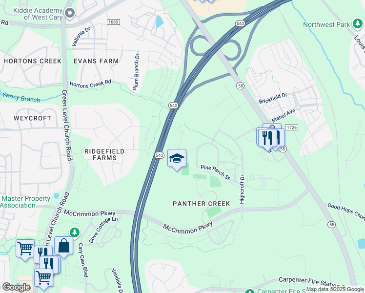 map of restaurants, bars, coffee shops, grocery stores, and more near 5528 Alston Manor Street in Cary