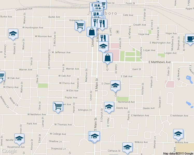 map of restaurants, bars, coffee shops, grocery stores, and more near South Main Street in Jonesboro