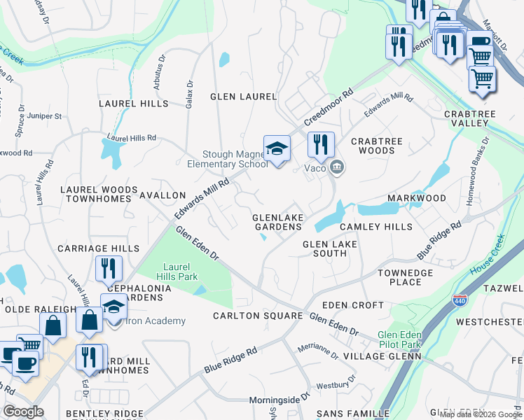 map of restaurants, bars, coffee shops, grocery stores, and more near 3701 Carnegie Lane in Raleigh