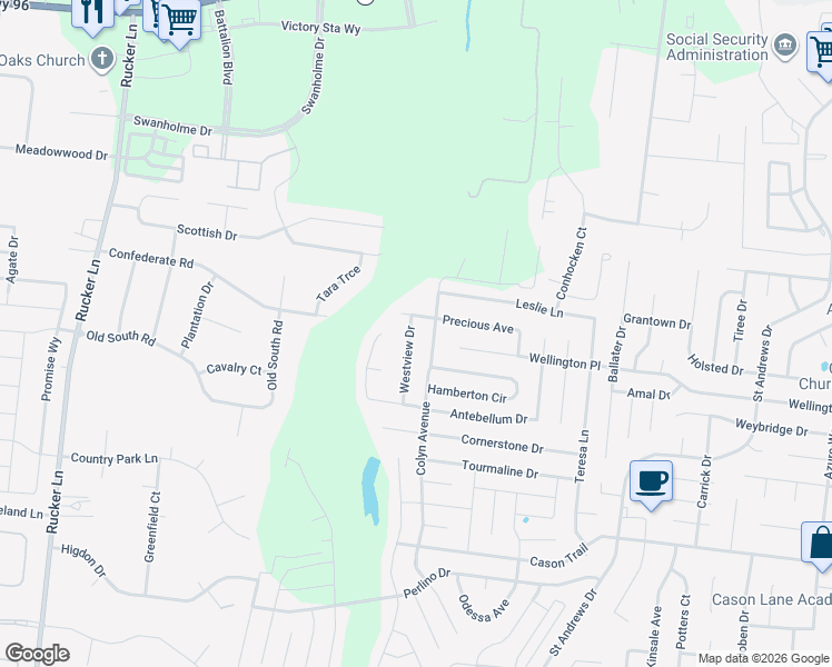 map of restaurants, bars, coffee shops, grocery stores, and more near 1419 Westview Drive in Murfreesboro