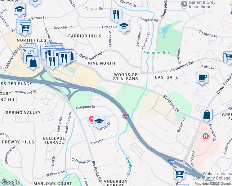 map of restaurants, bars, coffee shops, grocery stores, and more near 500 Saint Albans Drive in Raleigh