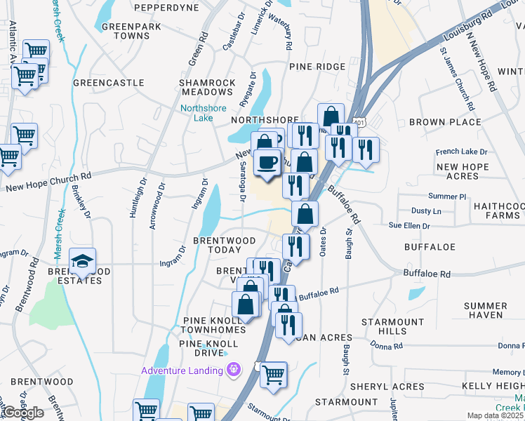 map of restaurants, bars, coffee shops, grocery stores, and more near 3809 Pine Knoll Drive in Raleigh