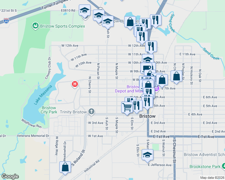 map of restaurants, bars, coffee shops, grocery stores, and more near 308 West 7th Avenue in Bristow