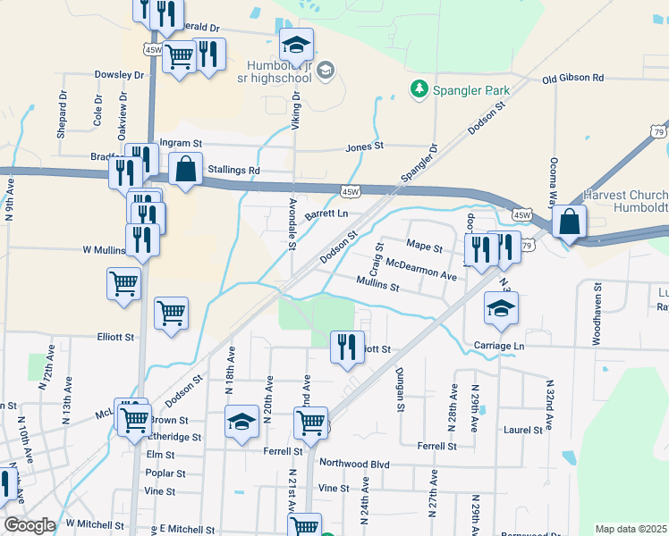 map of restaurants, bars, coffee shops, grocery stores, and more near 2215 Mullins Street in Humboldt