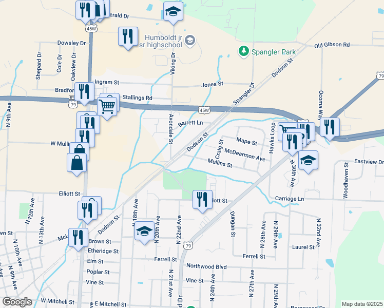 map of restaurants, bars, coffee shops, grocery stores, and more near 2215 Mullins Street in Humboldt
