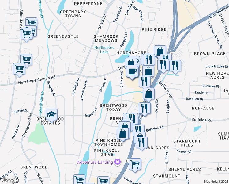 map of restaurants, bars, coffee shops, grocery stores, and more near 3900 Old Creek Court in Raleigh