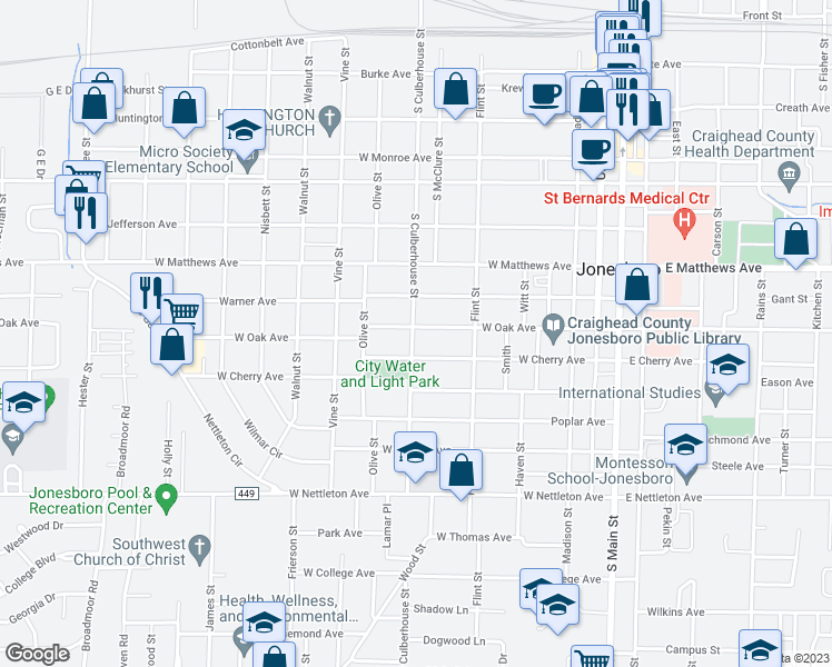map of restaurants, bars, coffee shops, grocery stores, and more near 651 West Oak Avenue in Jonesboro