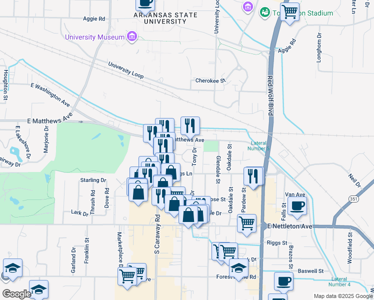 map of restaurants, bars, coffee shops, grocery stores, and more near Caraway Commons Drive in Jonesboro