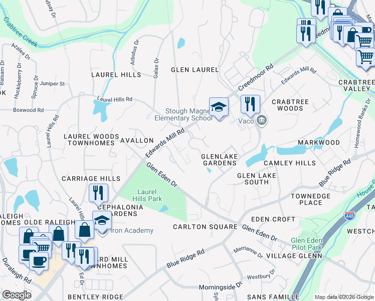 map of restaurants, bars, coffee shops, grocery stores, and more near 3810 Carnegie Lane in Raleigh