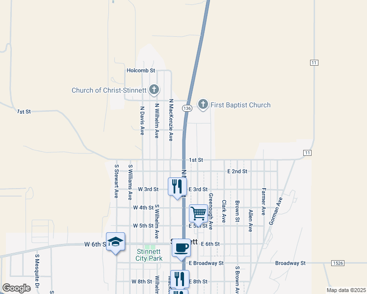 map of restaurants, bars, coffee shops, grocery stores, and more near N Main St in Stinnett