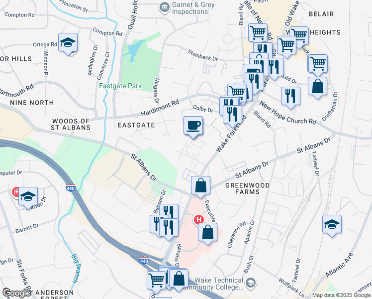 map of restaurants, bars, coffee shops, grocery stores, and more near 1101 Dresser Court in Raleigh
