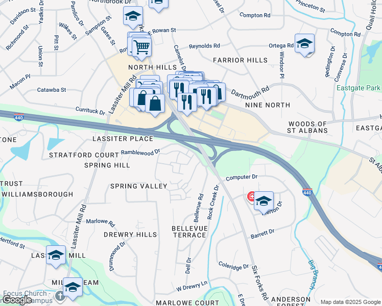 map of restaurants, bars, coffee shops, grocery stores, and more near 441 Allister Drive in Raleigh