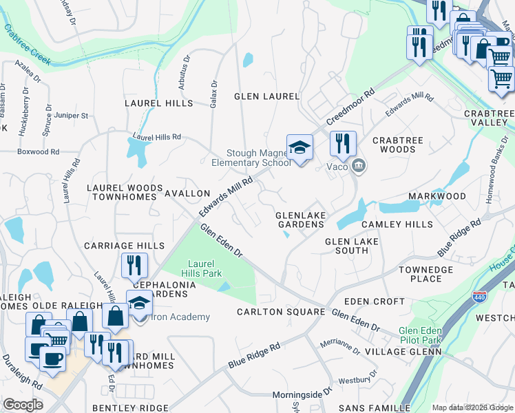 map of restaurants, bars, coffee shops, grocery stores, and more near 3810 Carnegie Lane in Raleigh