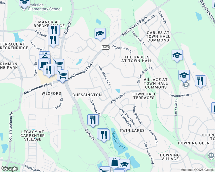 map of restaurants, bars, coffee shops, grocery stores, and more near 305 New Milford Road in Cary