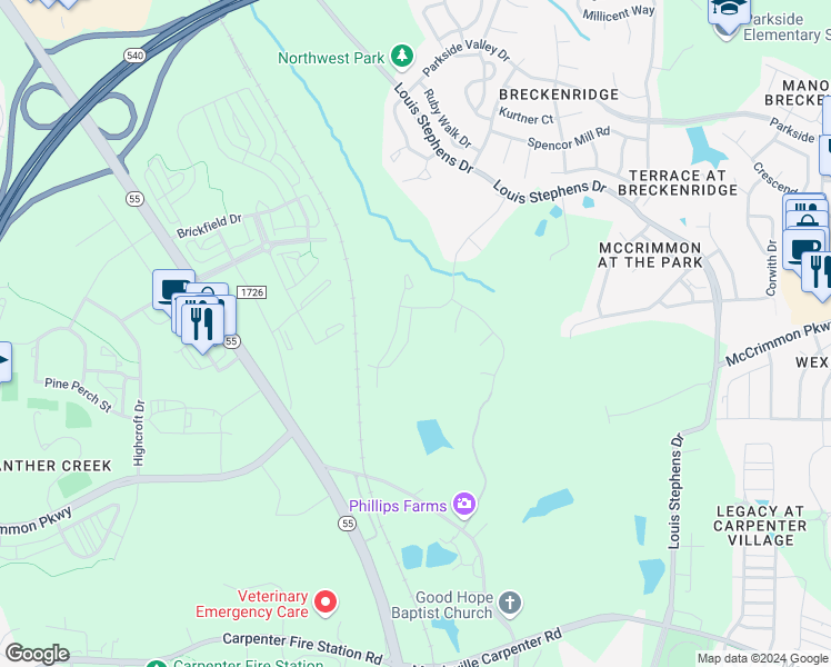 map of restaurants, bars, coffee shops, grocery stores, and more near 4327 Pond Pine Trail in Morrisville