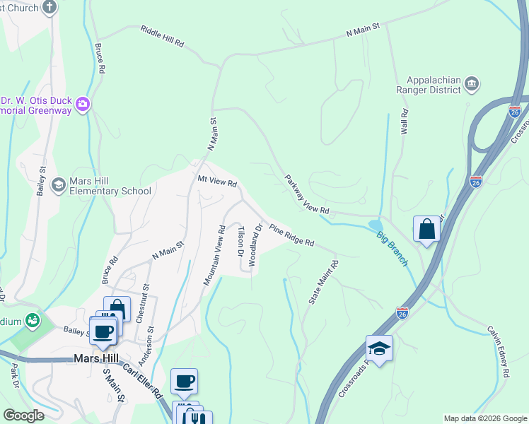map of restaurants, bars, coffee shops, grocery stores, and more near 105 Pine Ridge Road in Mars Hill