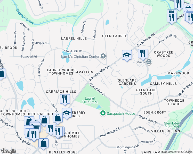 map of restaurants, bars, coffee shops, grocery stores, and more near 3504 Mill Tree Road in Raleigh