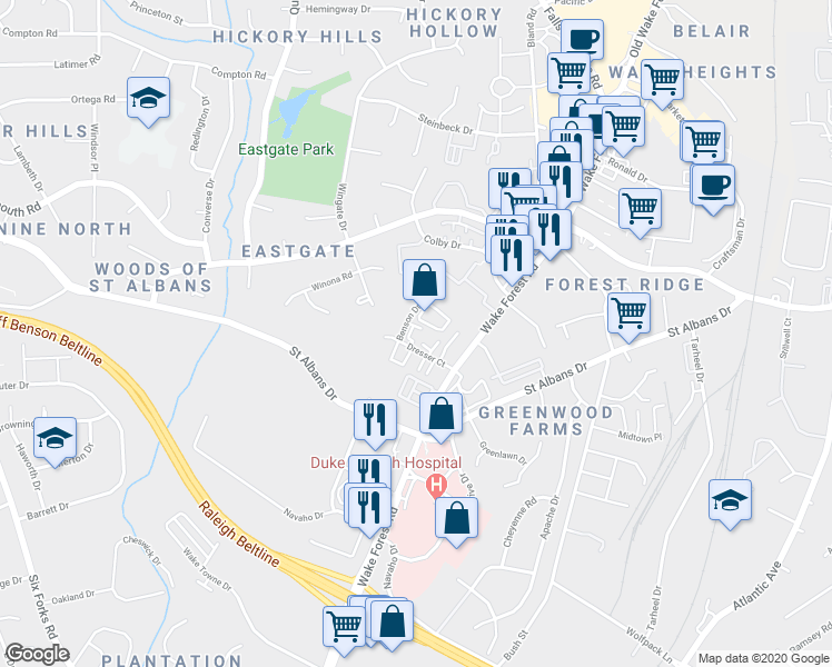 map of restaurants, bars, coffee shops, grocery stores, and more near 1101 Dresser Court in Raleigh