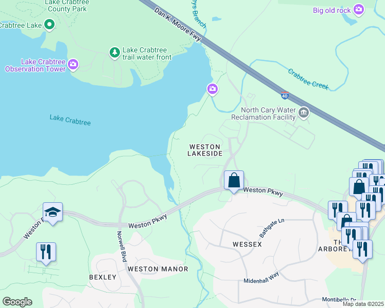 map of restaurants, bars, coffee shops, grocery stores, and more near 2412 Lakeside View Court in Cary