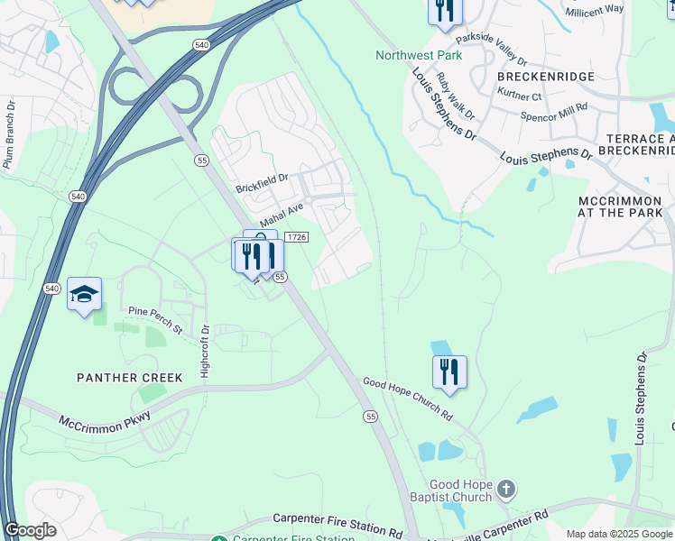 map of restaurants, bars, coffee shops, grocery stores, and more near 1708 Petty Farm Road in Cary