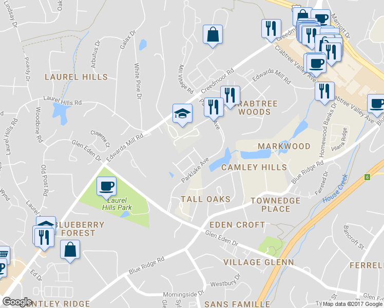 map of restaurants, bars, coffee shops, grocery stores, and more near 3932 Rock Rose Lane in Raleigh