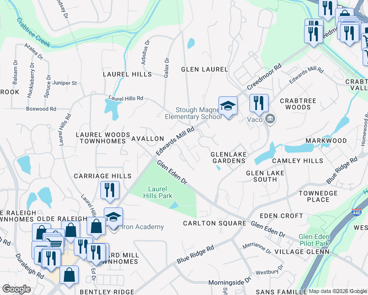 map of restaurants, bars, coffee shops, grocery stores, and more near 3913 Milltown Ridge Run in Raleigh