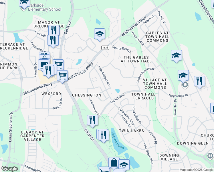 map of restaurants, bars, coffee shops, grocery stores, and more near 305 New Milford Road in Cary