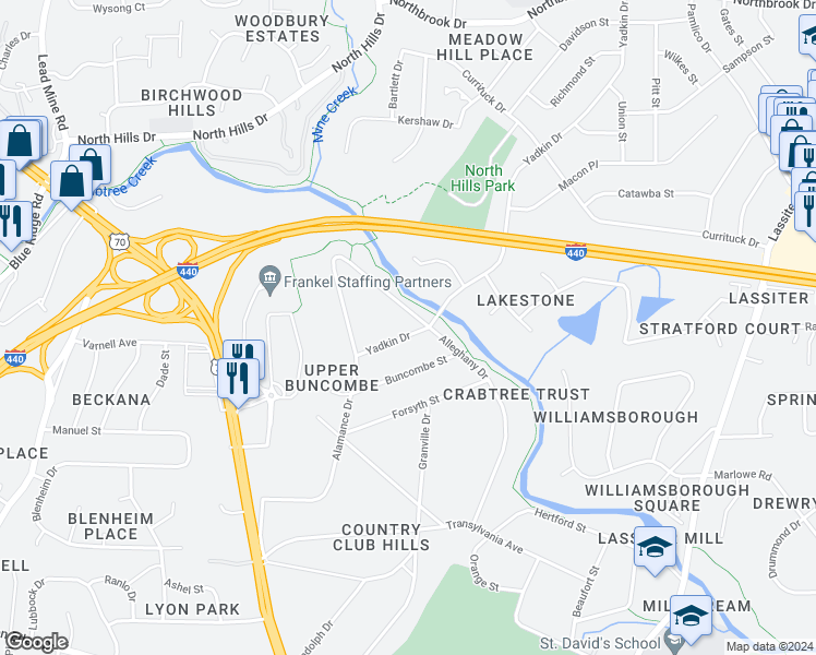 map of restaurants, bars, coffee shops, grocery stores, and more near 335 Yadkin Drive in Raleigh