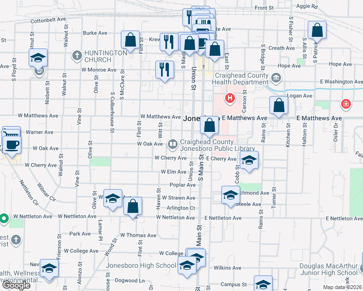 map of restaurants, bars, coffee shops, grocery stores, and more near 1001 Madison Street in Jonesboro