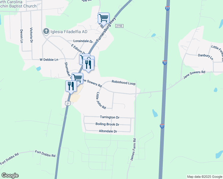 map of restaurants, bars, coffee shops, grocery stores, and more near 175 Jane Sowers Road in Statesville