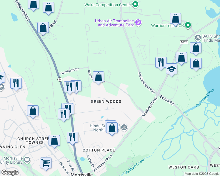 map of restaurants, bars, coffee shops, grocery stores, and more near 121 International Dr in Morrisville