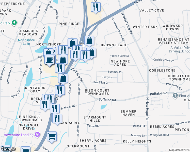 map of restaurants, bars, coffee shops, grocery stores, and more near 3904 Falmouth Drive in Raleigh