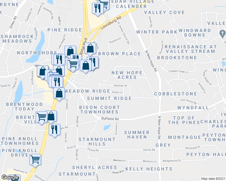 map of restaurants, bars, coffee shops, grocery stores, and more near 3729 Dusty Lane in Raleigh